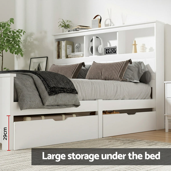 Artiss Bed Frame Double Size Wooden With 3 Shelves Head White Double Bed Frames