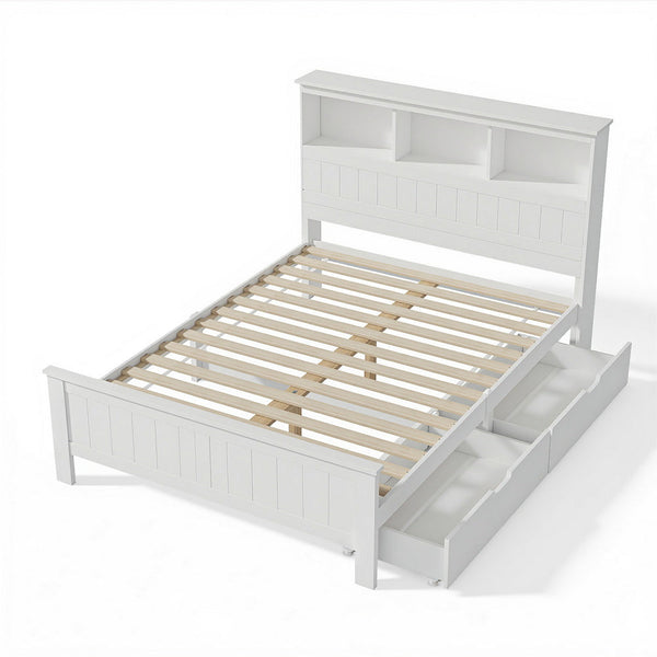 Artiss Bed Frame Double Size Wooden With 3 Shelves Head White Double Bed Frames