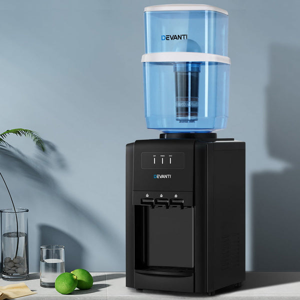 22L Devanti Water Cooler Dispenser Bench Top 3 Taps Chiller Filter Purifier Three Balck Water Dispensers