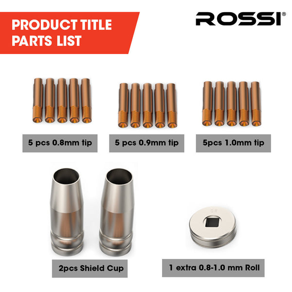 Rossi 18Pc Welding Consumables Kit To Suit Mig/Mag 14 15Ak Torch Includes Tips Shield Cups Other Welding Equipment