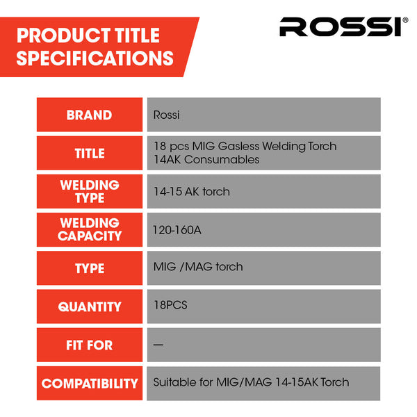 Rossi 18Pc Welding Consumables Kit To Suit Mig/Mag 14 15Ak Torch Includes Tips Shield Cups Other Welding Equipment