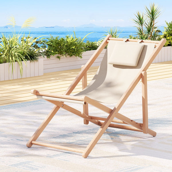 Gardeon Outdoor Deck Chair Wooden Sun Lounge Folding Beach Patio Furniture Beige Patio Chairs