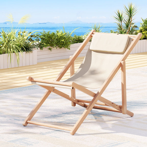 Gardeon Outdoor Deck Chair Wooden Sun Lounge Folding Beach Patio Furniture Beige Patio Chairs