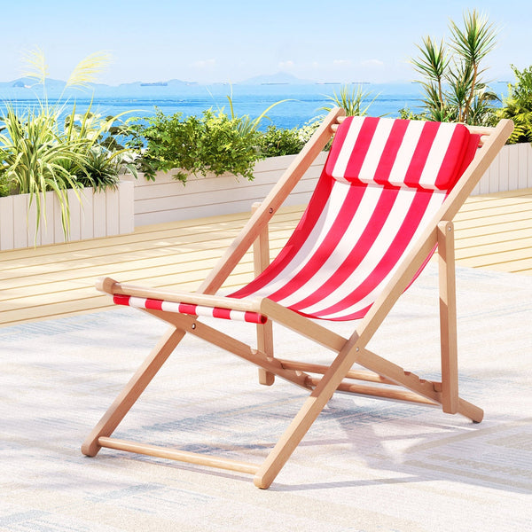 Gardeon Outdoor Deck Chair Wooden Sun Lounge Folding Beach Patio Furniture Red Patio Chairs