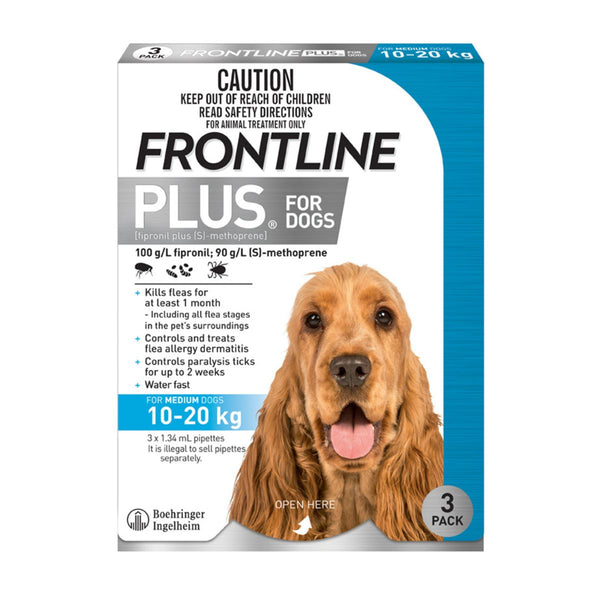 Frontline Plus Dog 10 20Kg Blue Medium 3Pk Flea Tick Remedies