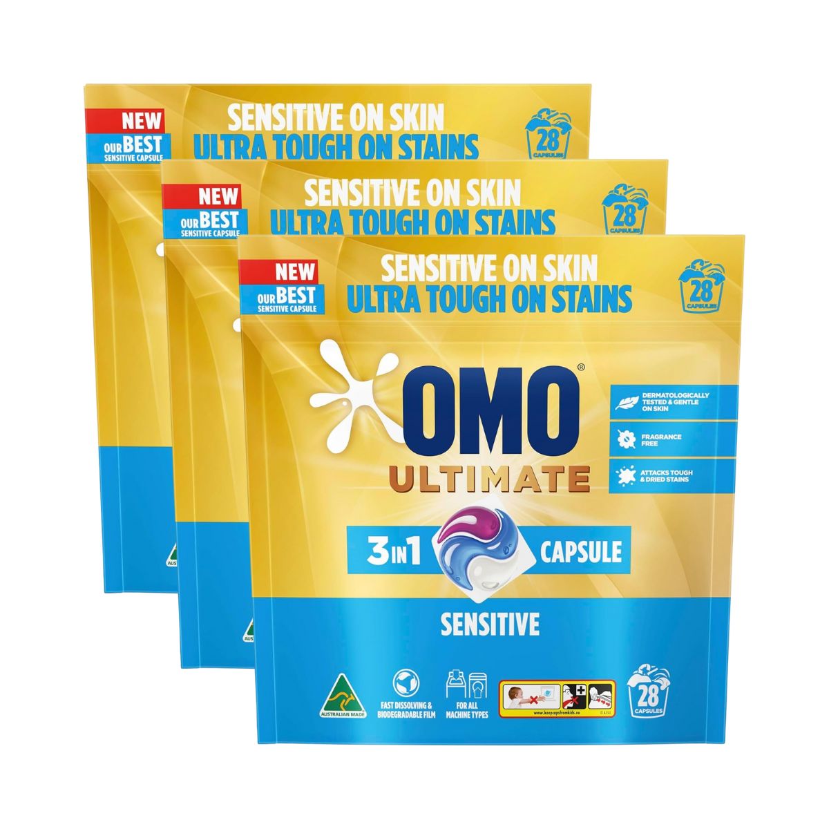 Omo Ultimate 3In1 Sensitive Laundry Capsules Dishwasher Tablets