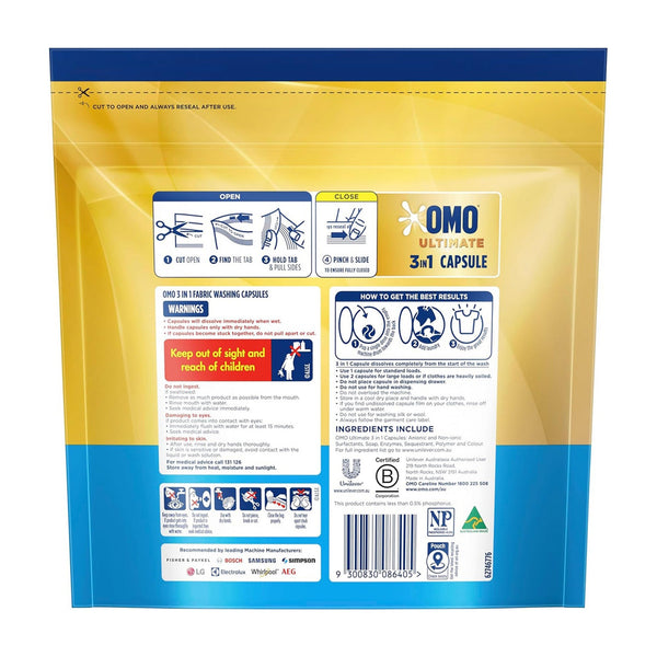 Omo Ultimate 3In1 Sensitive Laundry Capsules Dishwasher Tablets