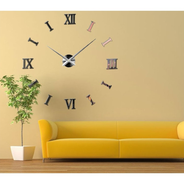 Wall Clock Silver Design 27 Inch 3D Diy Mirror Acrylic Sticker Wall Clocks