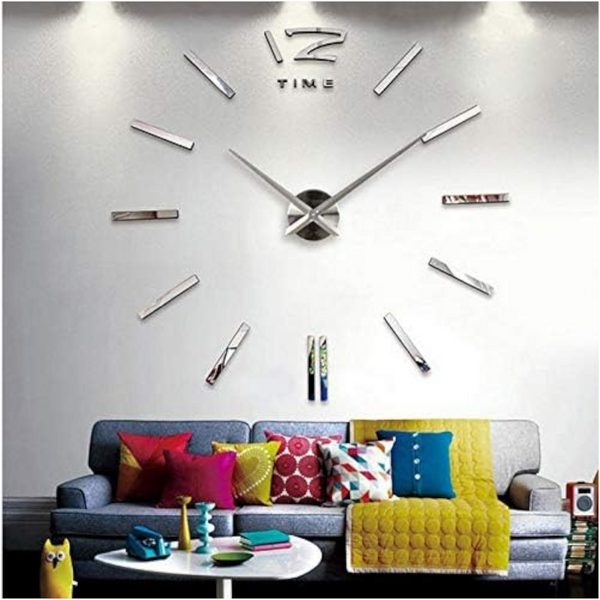 Wall Clock Silver Design 37 Inch 3D Diy Mirror Home Decor Wall Clocks