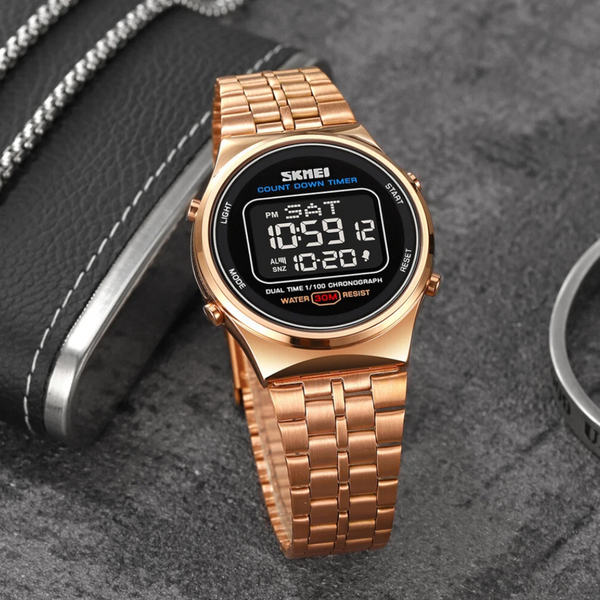 Waterproof Multifunctional Men Digital Watch Luminous Stainless Steel 30M Rose Gold Black Watches