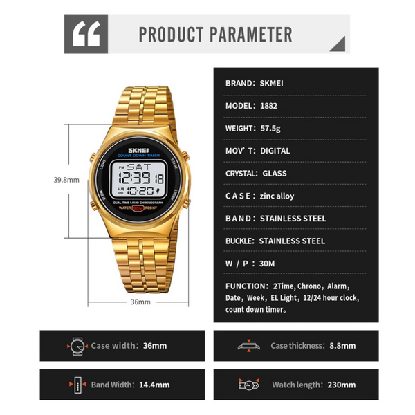 Waterproof Multifunctional Men Digital Watch Luminous Stainless Steel 30M Rose Gold Black Watches