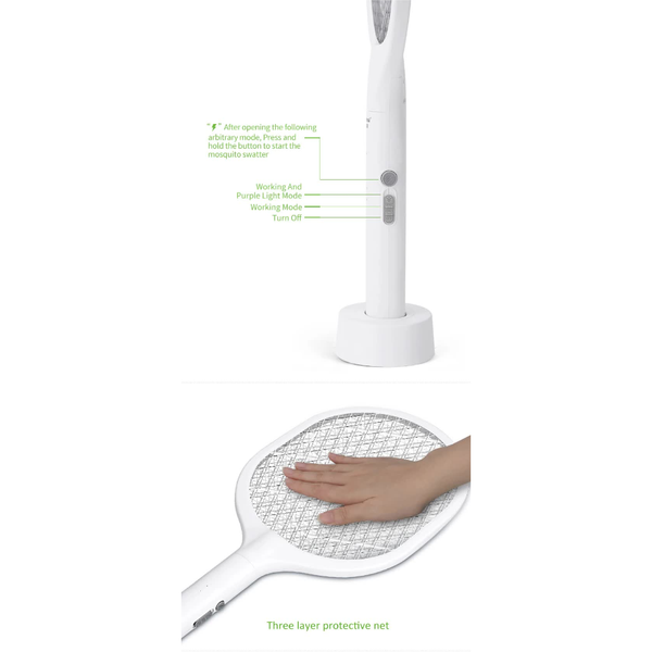 White Rechargeable Electric Mosquito Racket 2 In 1 Killer With Lithium Battery Fly Swatter & Zapper For Home Use Insect Zappers