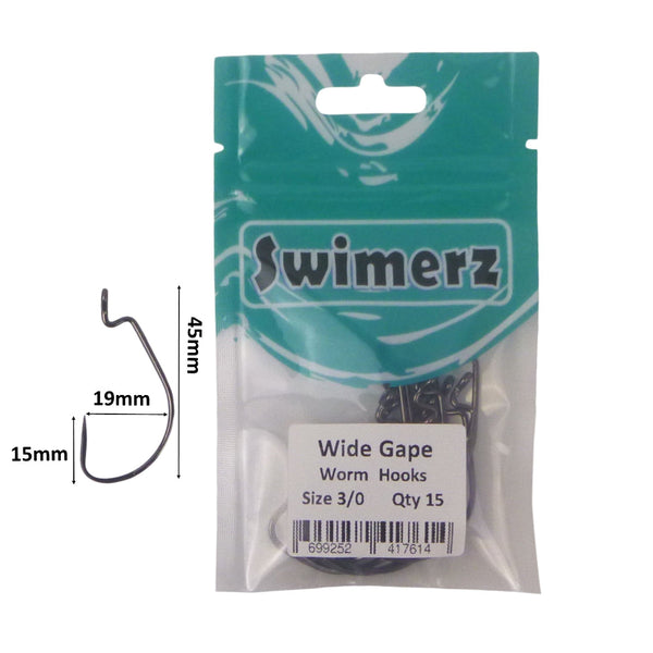 Swimerz 3/0 Wide Gape Worm Hook Black Nickel Qty 15 Hooks