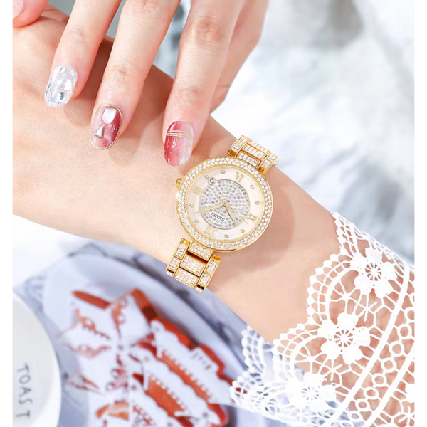 Women Quartz Watch With Diamond Roman Numerals And Round Dial Gold Watches