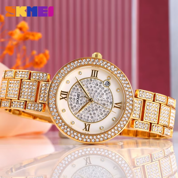 Women Quartz Watch With Diamond Roman Numerals And Round Dial Gold Watches