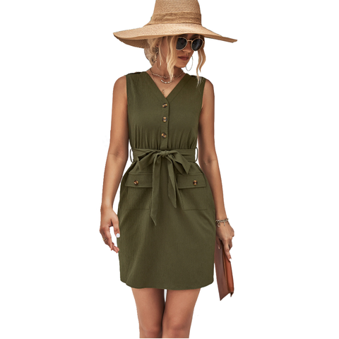 Womens Sleeveless Vneck Buttons Dress In Pink And Army Green For Clothing Category Dresses