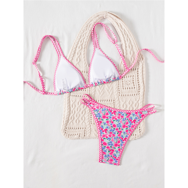 Women's Bikini Double Shoulder Strap Printed Tie  Two Piece Swimsuit Swimwear