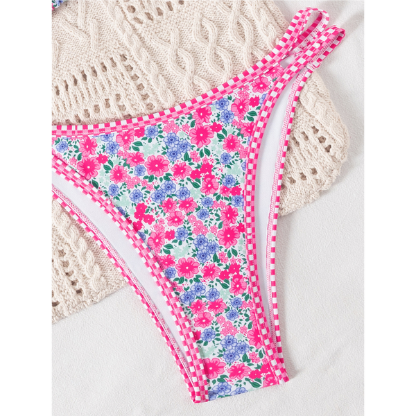 Women's Bikini Double Shoulder Strap Printed Tie  Two Piece Swimsuit Swimwear