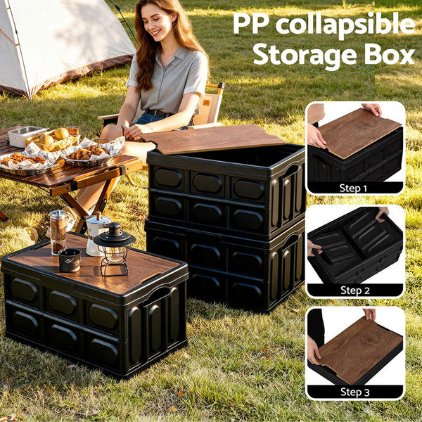 Gardeon Collapsible Outdoor Storage Box 50L Stackable Folding Camping Organizer Plywood Lid Black Camping Storage