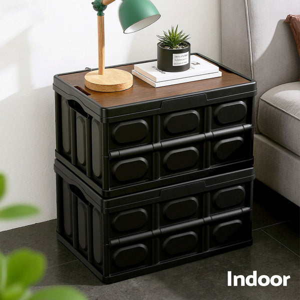 Gardeon Collapsible Outdoor Storage Box 50L Stackable Folding Camping Organizer Plywood Lid Black Camping Storage