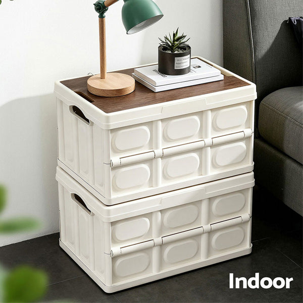 Gardeon Collapsible Outdoor Storage Box 50L Stackable Folding Camping Organizer Plywood Lid Beige Camping Storage