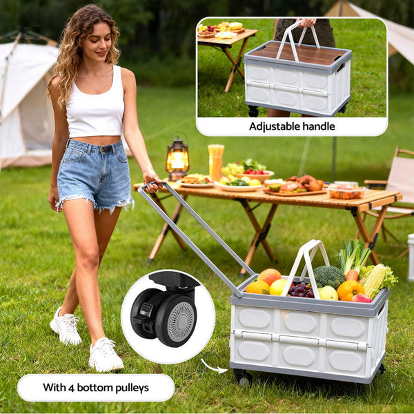 Gardeon Collapsible Outdoor Storage Box 54L Stackable Folding Camping Organizer Wheels Plywood Lid Beige Camping Storage
