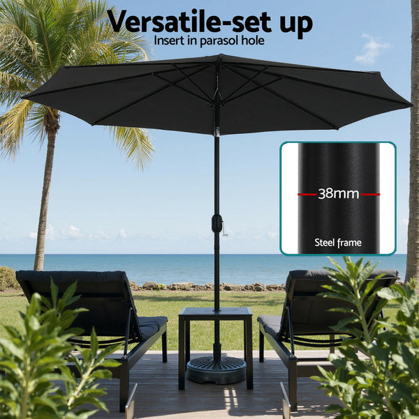 Instahut Outdoor Umbrella 2.9M Market With Base String Light Black Patio Umbrellas