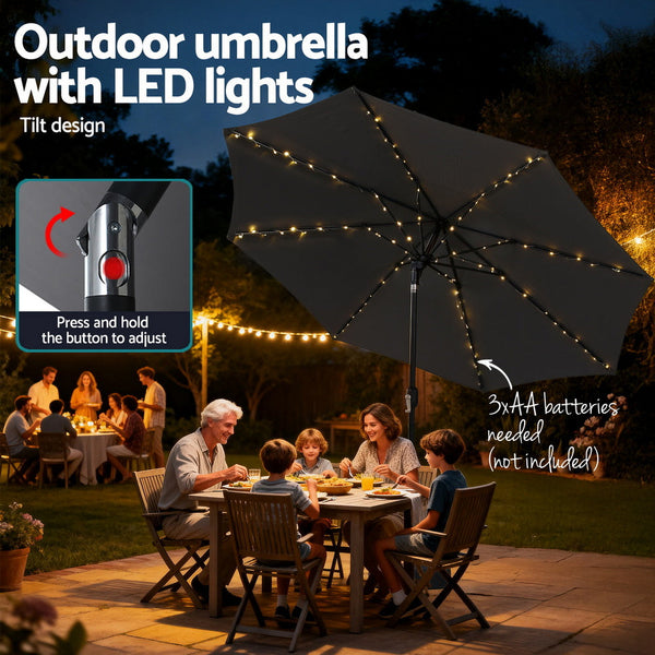 Instahut Outdoor Umbrella 2.9M Market Umbrella With String Light Tilt Charcoal Shade Patio Umbrellas