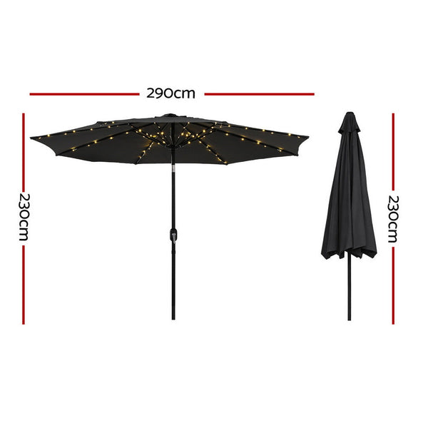 Instahut Outdoor Umbrella 2.9M Market With String Light Tilt Black Patio Umbrellas