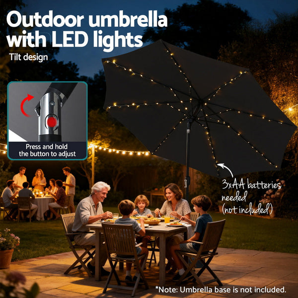 Instahut Outdoor Umbrella 2.9M Market With String Light Tilt Black Patio Umbrellas