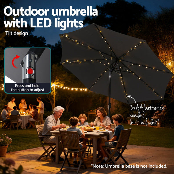 Instahut Outdoor Umbrella 2.9M Market Umbrella With String Light Tilt Charcoal Shade Patio Umbrellas