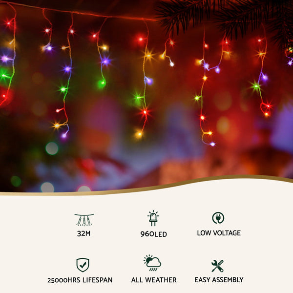 32M Christmas Lights Icicle 960 Led Multi Coloured Jingle Jollys Seasonal Decorations