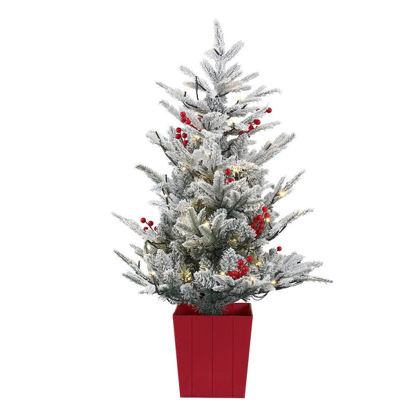 Jingle Jollys Christmas Tree 1M Led Potted Xmas Party Decor Red Barries Flocked Seasonal Decorations