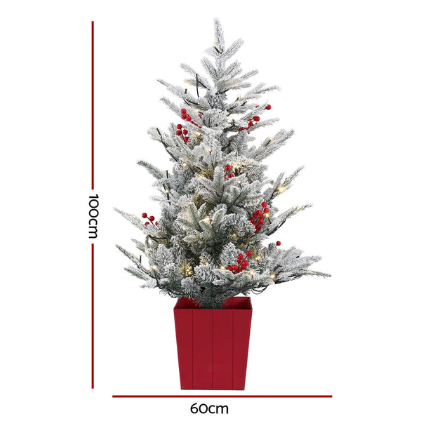 Jingle Jollys Christmas Tree 1M Led Potted Xmas Party Decor Red Barries Flocked Seasonal Decorations