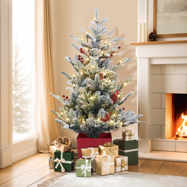 Jingle Jollys Christmas Tree 1M Led Potted Xmas Party Decor Red Barries Flocked Seasonal Decorations