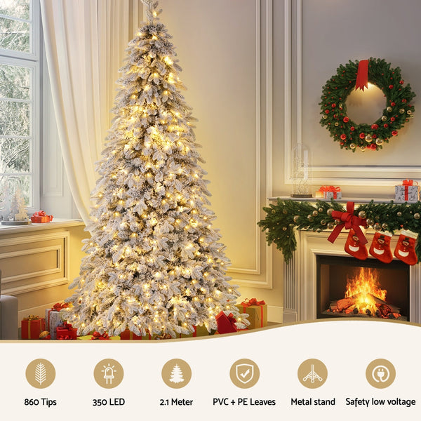 Jingle Jollys Christmas Tree 2.1M Flocking Pencil Led Xmas 860 Tips White Seasonal Decorations