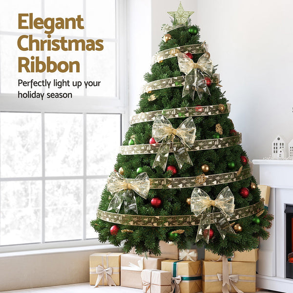 Jingle Jollys 20M Christmas Ribbon Roll Bow Printed Xmas Tree Decor Gift Gold Seasonal Decorations