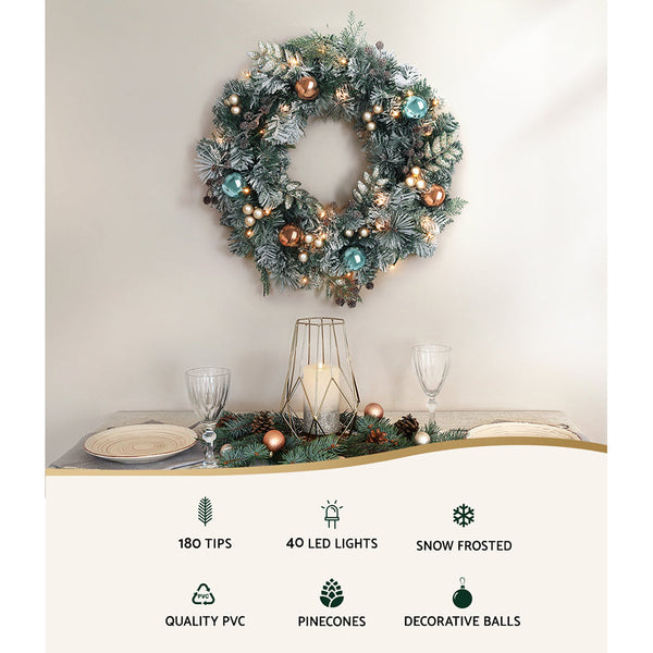 Jingle Jollys 60Cm Christmas Wreath With Led Lights Snowy Garland Xmas Decor Seasonal Decorations
