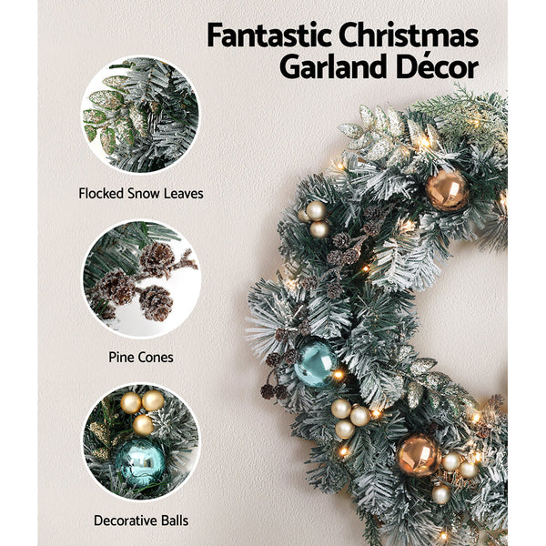 Jingle Jollys 60Cm Christmas Wreath With Led Lights Snowy Garland Xmas Decor Seasonal Decorations