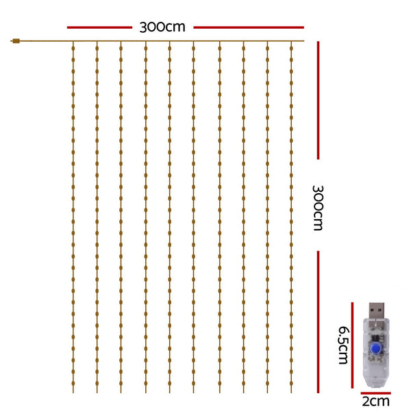Jingle Jollys 3X3m Christmas Lights Curtain String Light 300 Led Warm White Seasonal Decorations