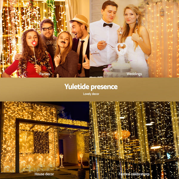 Jingle Jollys 3X3m Christmas Lights Curtain String Light 300 Led Warm White Seasonal Decorations
