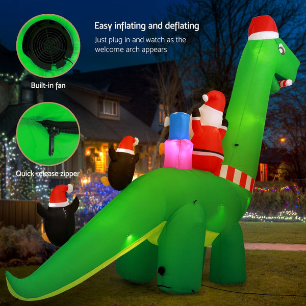 Jingle Jollys Christmas Inflatable Santa Dinosaur 3.8M Illuminated Decorations Seasonal Decorations