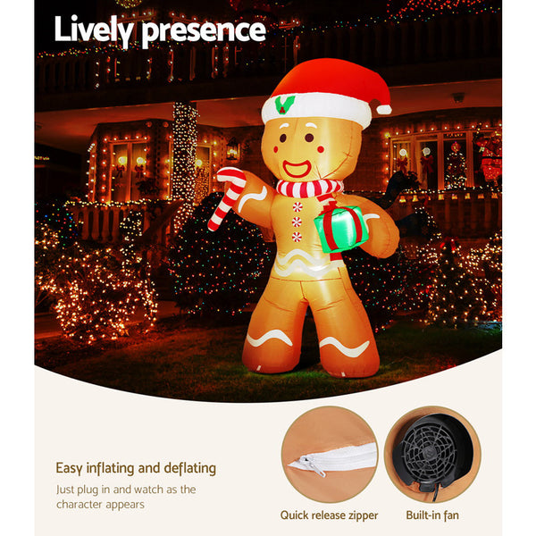 Jingle Jollys Christmas Inflatable Gingerbread Man 2.4M Illuminated Decorations Seasonal Decorations