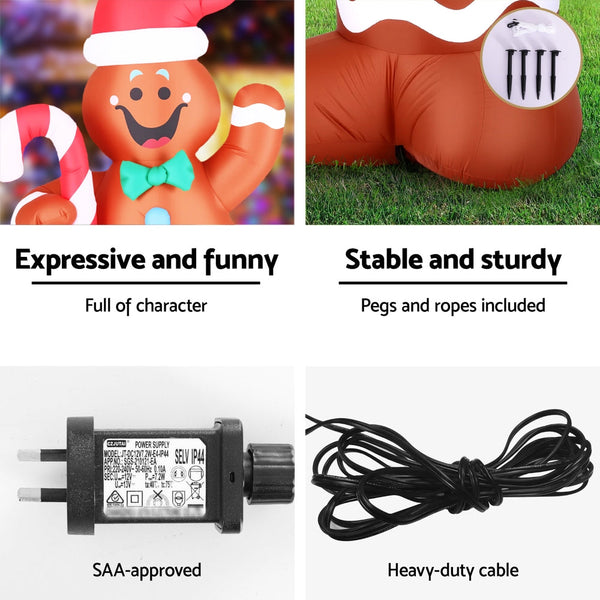 Jingle Jollys Christmas Inflatable Gingerbread Man 1.5M Height Led Decorations Illuminated Seasonal Decorations