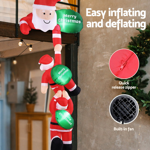 Jingle Jollys Christmas Inflatable Climbing Santa 2.5M Height Led Decorations Illuminated Seasonal Decorations