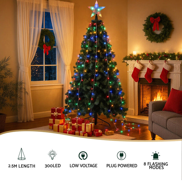 Jingle Jollys 2.5M Christmas Lights Waterfall String 300 Led Star Topper Seasonal Decorations