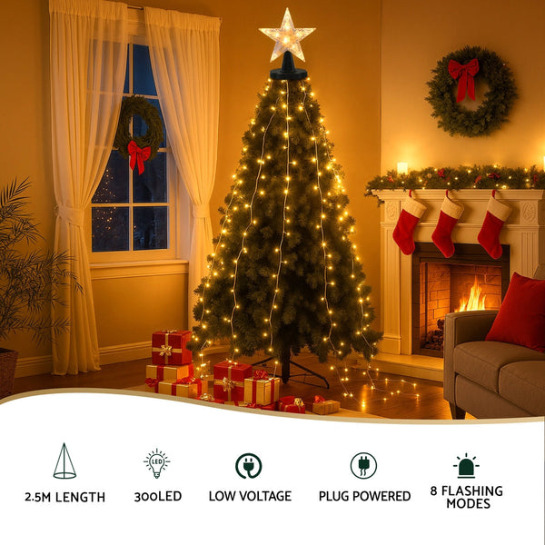 Jingle Jollys 2.5M Christmas Lights Waterfall String 300 Led Star Topper Seasonal Decorations