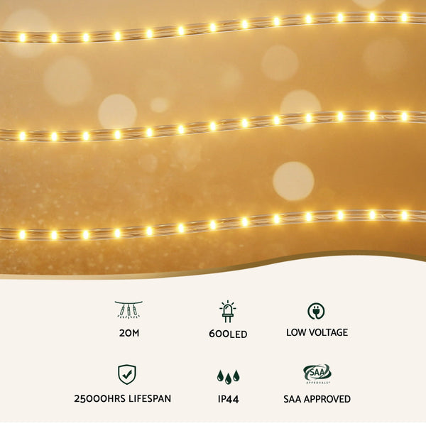 20M Christmas Lights String Rope Decorations 600 Led Warm Jingle Jollys Decorative Lighting