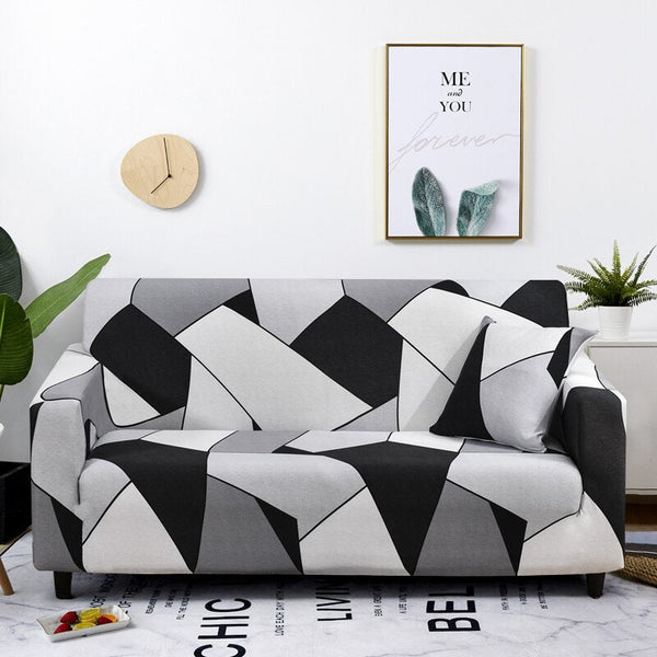 3 Seater Sofa Cover Black White Geometric Style Elastic Stretchable Slipcover Slipcovers