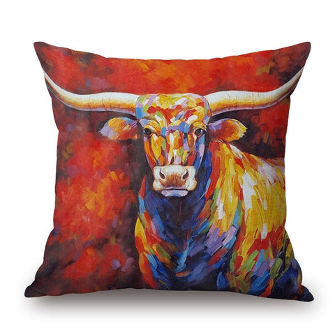 A Colorful Bull On Animal Cotton Linen Pillow Cover